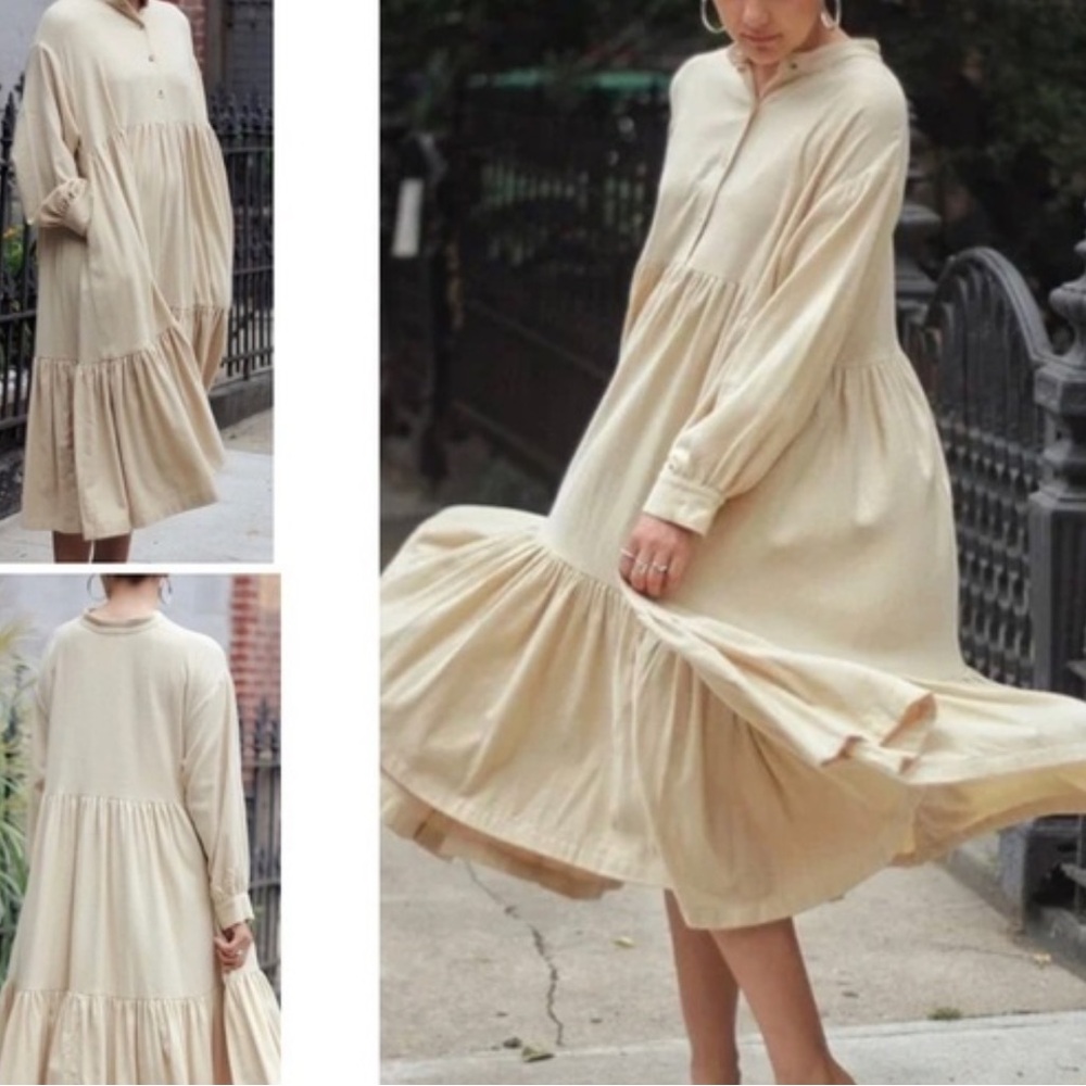 Black Crane Yellow Natural Tiered Natural Flannel Oversized  Midi Dress‍ Sz XS